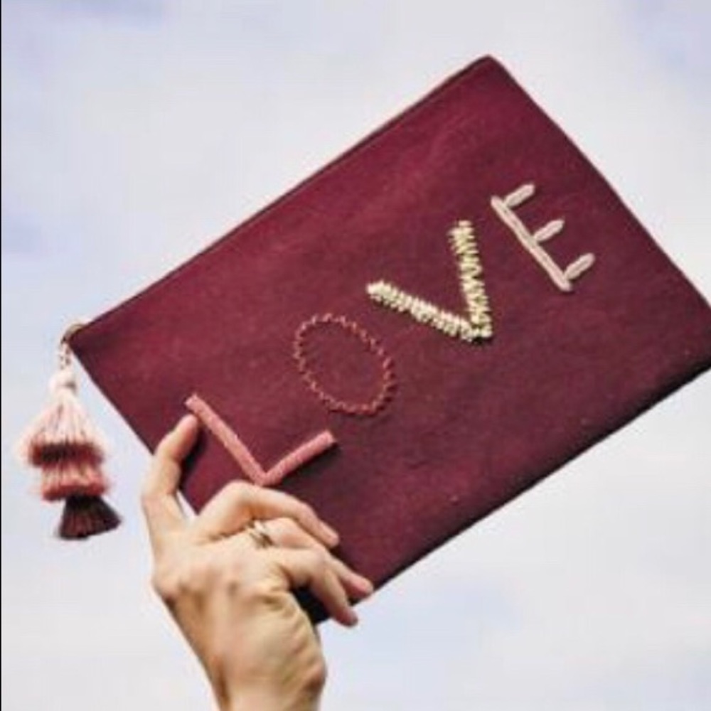 New Stella Dot canvas LOVE clutch beads embroidery